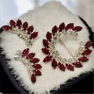 Early 50’s B David Ruby Red and Ice Clear Rhinestone Brooch and earrings Set
